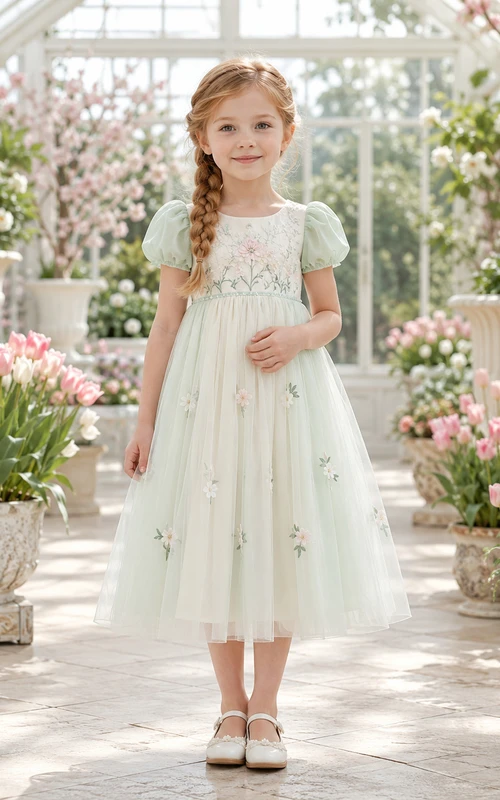 Blumenmädchenkleid, mintgrün, aus Spitze und Tüll, A-Linie, kurze Ärmel, Rundhalsausschnitt, Teelänge, florale Applikationen
