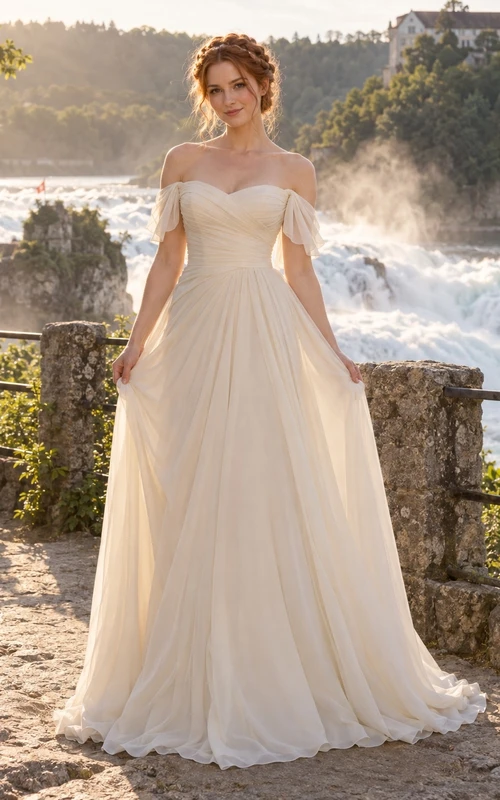 Vestido de novia romántico de gasa satinada con hombros descubiertos, corte en A, sin mangas, fruncido y cola larga