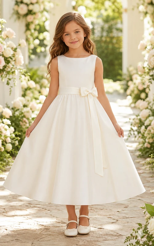 Classic Tulle with Bow A-Line Flower Girl Dress with Short Sleeves, Jewel Neck, Tea-Length Skirt and Bow Detail