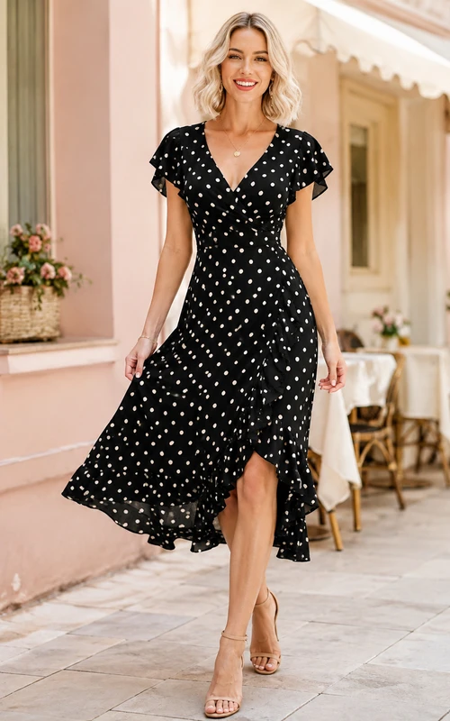 Vestido asimétrico de gasa con cuello en V y mangas con volantes, estampado de lunares negros, ideal para invitadas a tomar el té.