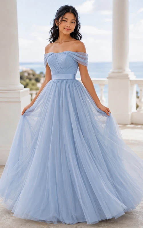 Himmelblaues Junior-Brautjungfernkleid, Ballkleid, schulterfrei, Blütenblattärmel, Tüll, romantisch