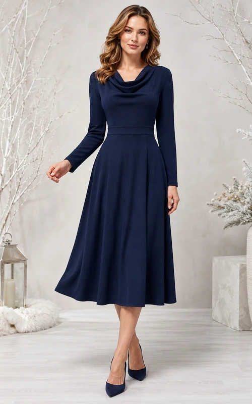 Marineblaues, langärmeliges Jerseykleid in A-Linie mit Rundhalsausschnitt, Teelänge, schlichtem Schnitt und elegantem Design – ein schlichtes Winterkleid für festliche Anlässe.