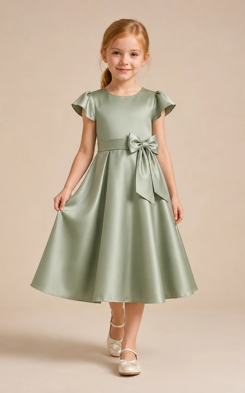 Flower Girl Dress Sage Satin A-Line Short Sleeve Jewel Neck Tea Length Bow Detail