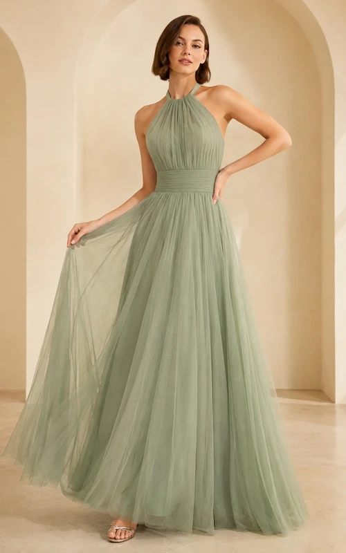 Vestido de noche romántico largo hasta el suelo, sin mangas, con escote halter y corte en A, de tul color salvia.