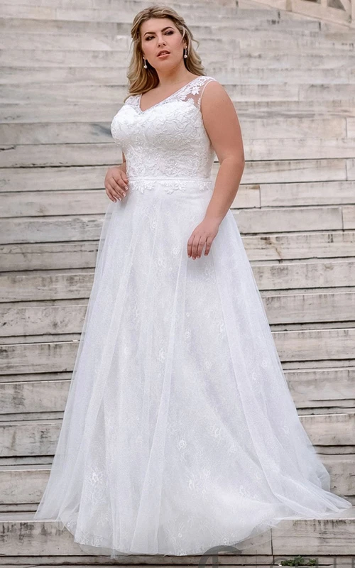 Elegantes, ärmelloses, bodenlanges A-Linien-Hochzeitskleid aus Spitze mit Applikationen