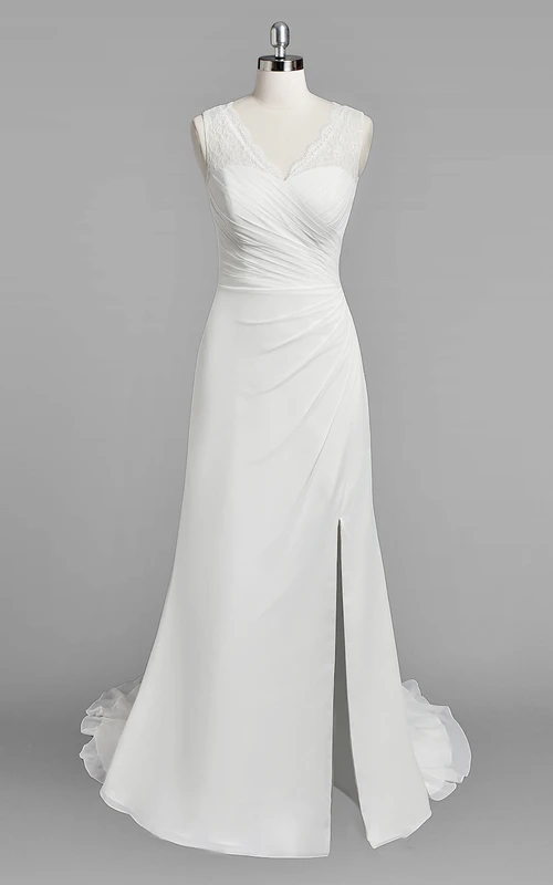 V-Neck Sleeveless Sheath Chiffon Simple Wedding Dress With Ruching and Split Side