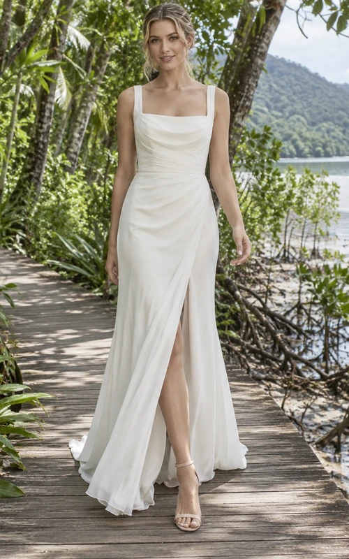 Schlichtes, ärmelloses, bodenlanges Brautkleid mit eckigem Ausschnitt und natürlicher Taille