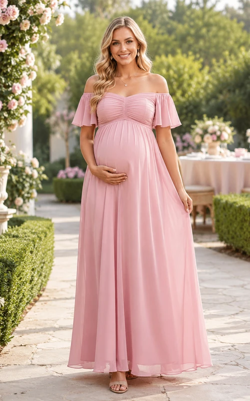 Vestido de fiesta de jardín largo hasta el suelo, de gasa, con hombros descubiertos y mangas con volantes, de corte imperio, color rosa rubor.