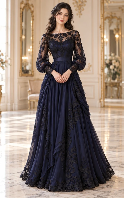 Gothic Victorian Dark Navy Bateau Lace Sleeve Long Guest Dress