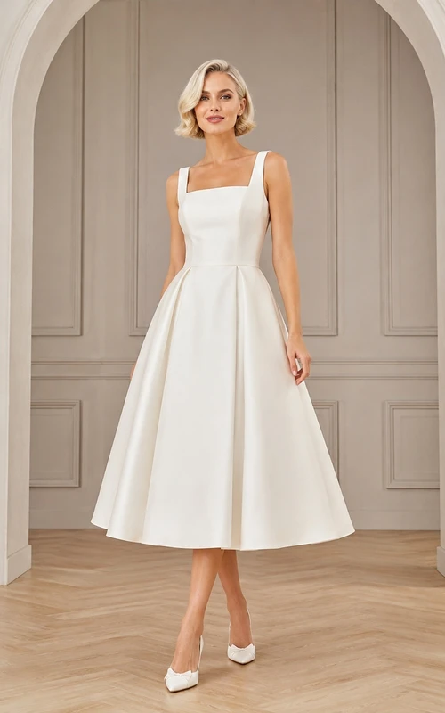 Simple Bridal Satin Square Neck Sleeveless Tea-Length A-Line Wedding Dress