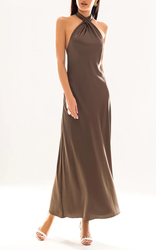 Robe de soirée décontractée en satin, coupe trapèze, sans manches, longueur cheville