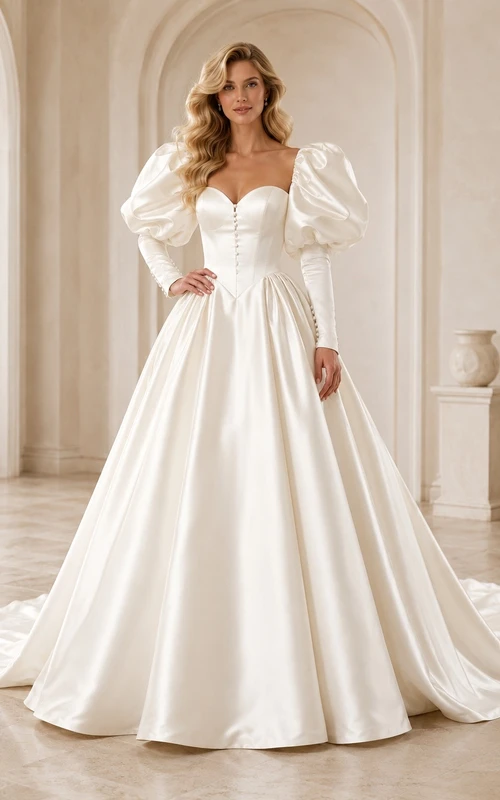 Vestido de novia vintage elegante de satén blanco con escote corazón y manga corta