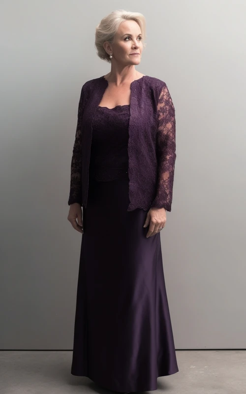 Lila, bodenlanges Spitzenkleid mit langen Ärmeln und passender Jacke für die Mutter der Braut
