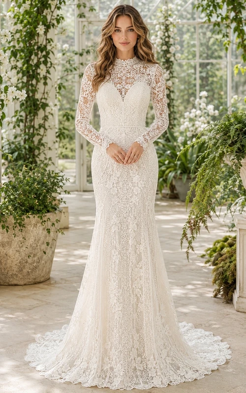 Vestido de novia bohemio de encaje con cuello alto, manga larga y cola de sirena.