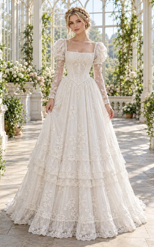 Victorian Square Neck Long Sleeve Tiered Lace Ball Gown Wedding Dress