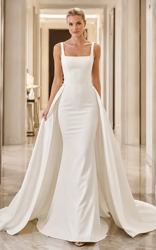 Robe de mariée en satin, coupe trapèze, bretelles carrées, surjupe amovible et traîne chapelle