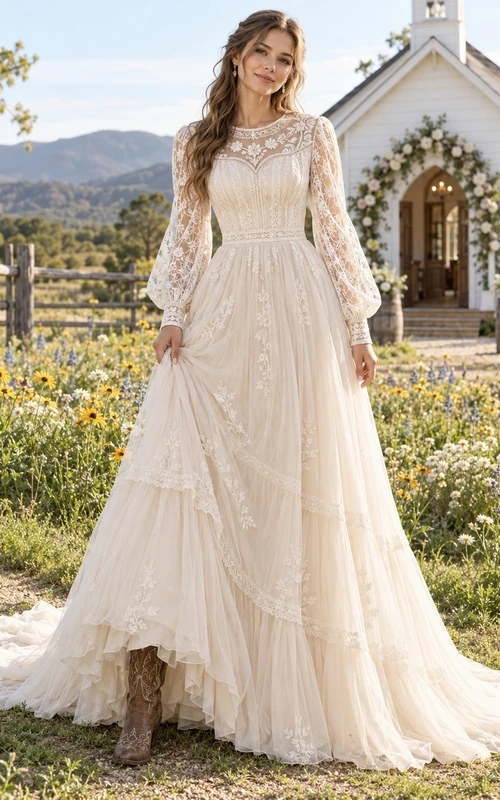 Vestido de novia bohemio de corte A asimétrico con encaje y gasa, mangas largas de estilo poeta y falda escalonada.