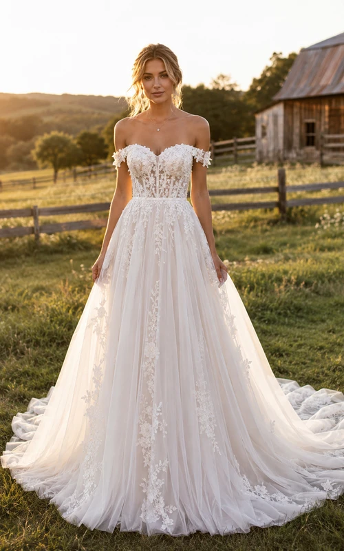 Robe de mariée champêtre en dentelle, coupe trapèze, épaules dénudées, corsage et traîne
