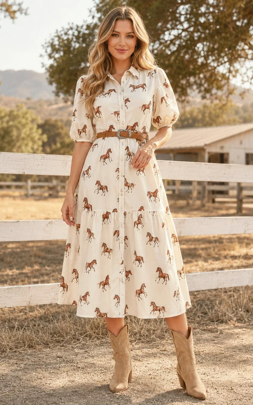 Horse Print Country Shirt Collar Puff Sleeve A-Line Midi Dress
