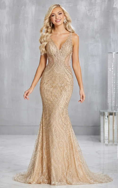 Mermaid Spaghetti V Neck Sequin Sweep Train Teen Pageant Dress