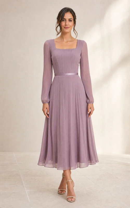 Robe mi-longue en mousseline mauve à col carré et manches longues