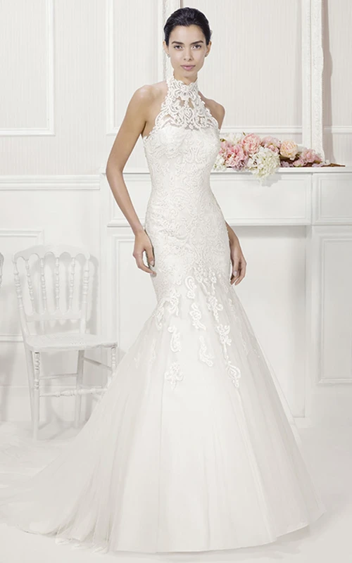 Halter Lace Mermaid Bridal Gown With Tulle Skirt