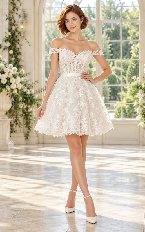 Short Off Shoulder Sweetheart Corset Bodice Floral Lace Wedding Dress