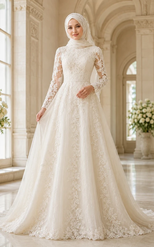 Vestido de novia musulmán de corte A con mangas de encaje ilusión y cuello alto