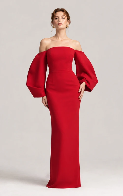 Red off shoulder puff sleeve mermaid floor length gown