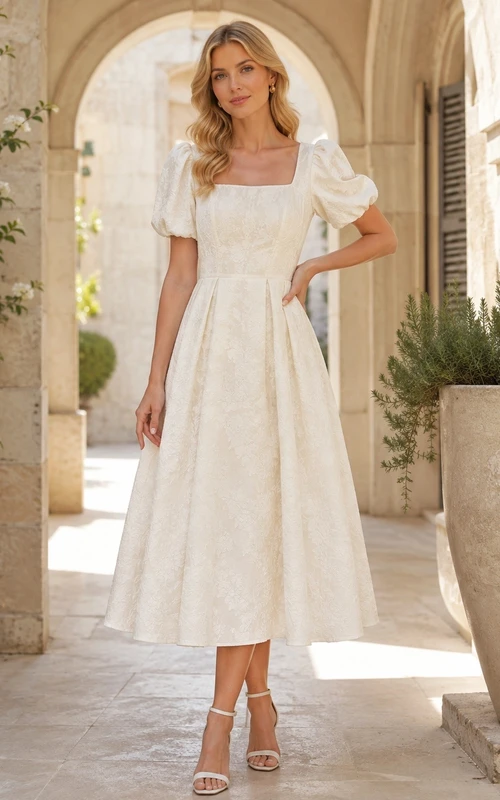 Cocktailkleid mit eckigem Ausschnitt, A-Linie, Spitze, Elfenbein, Puffärmeln