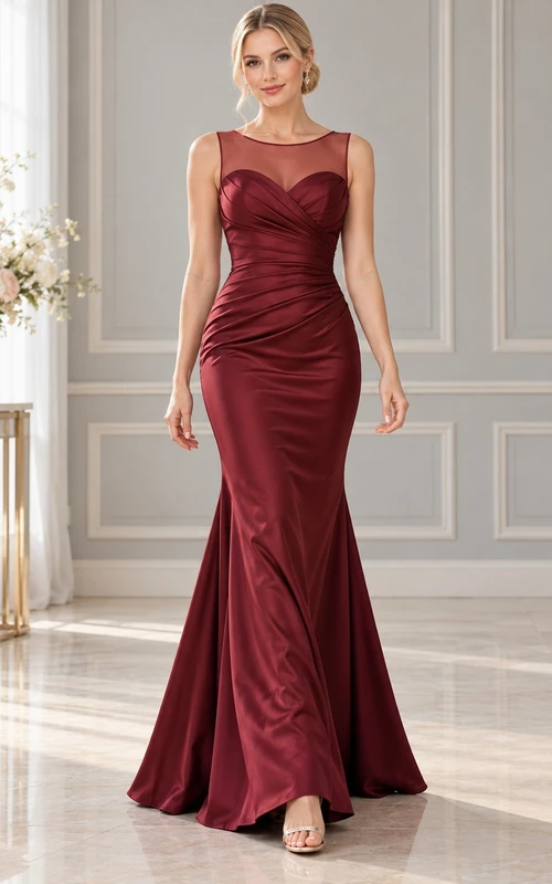 Burgundy Illusion Sweetheart Ruched Satin Sleeveless Trumpet Formal Gown