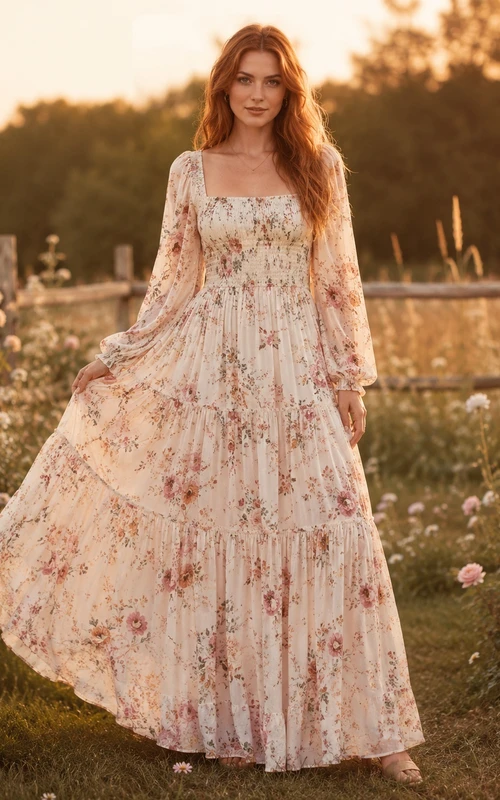 Dusty Rose Meadow Floral Print Square-Neck A-Line Floor-Length Chiffon Bohemian Guest Gown