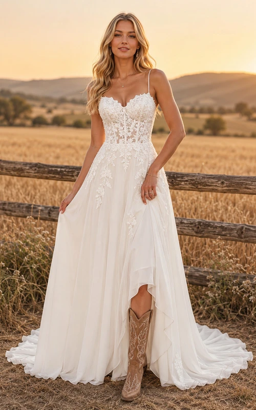 Spaghetti Strap Country Wedding Dress with V-Neck Lace and Chiffon Split Skirt