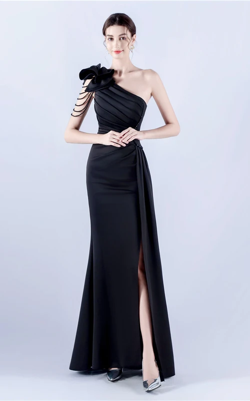 Women'S Clothing Heavy Beaded Handmade Art Flower Pleated Satin Off-Shoulder High Fork Evening Dress