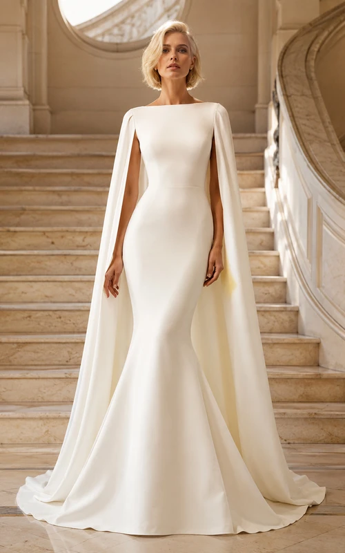 Robe de mariée fourreau moderne en satin satiné à manches bateau et traîne courte