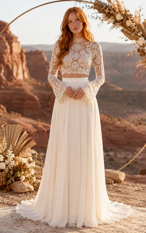 Conjunto de novia Canyon de gasa con encaje geométrico de ganchillo y cuello alto