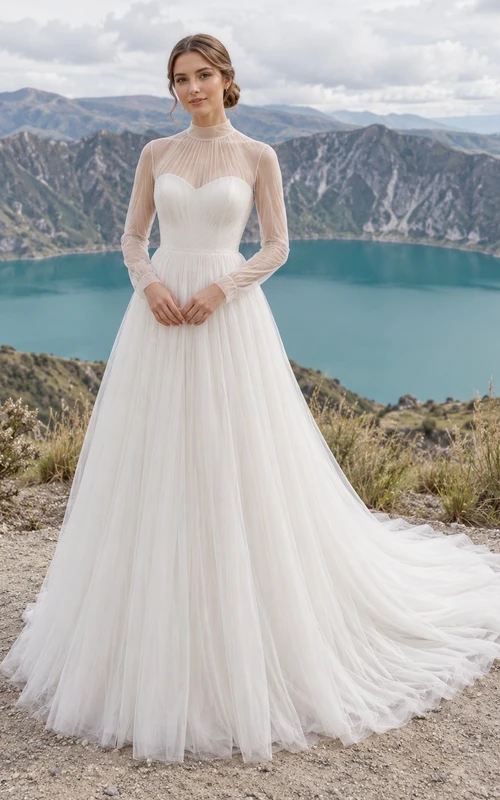 Vestido de novia de tul con escote corazón, mangas largas y detalles de joyas, corpiño ilusión y cola de corte.