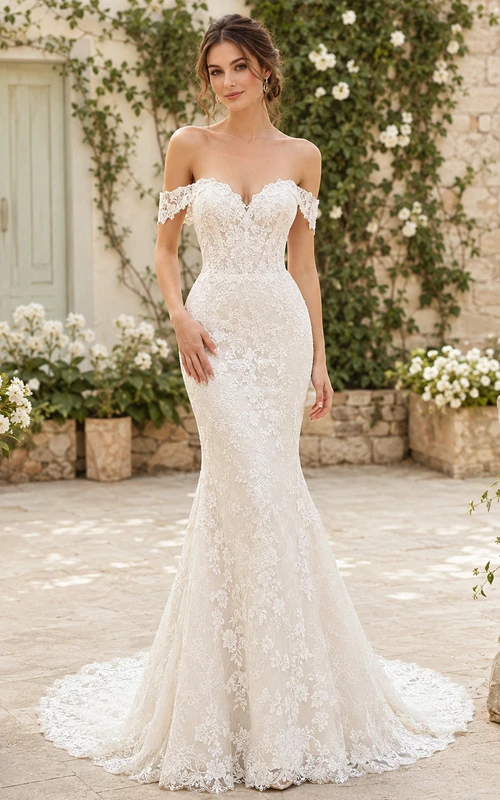 Romantic Off Shoulder Lace Wedding Mermaid Short Sleeve Chapel Train