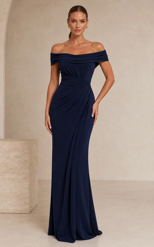 Dark Navy Off Shoulder Draped Column Formal Dress