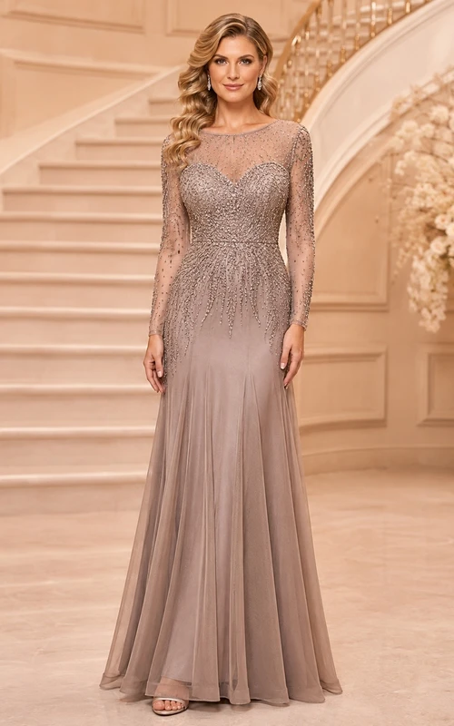 Taupe Lace Jewel Neck Long Sleeve Mermaid Sweep Train Formal Dress