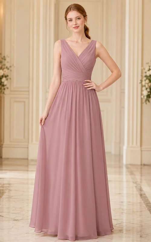 Dusty Rose V Neck Sleeveless Junior Bridesmaid Gown