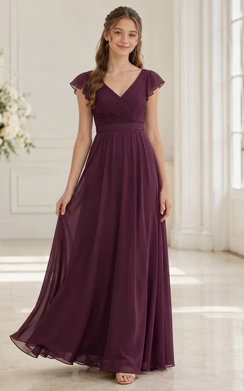 Vestido de dama de honor juvenil Mulberry, corte en A, escote en V, manga corta, elegante y formal.