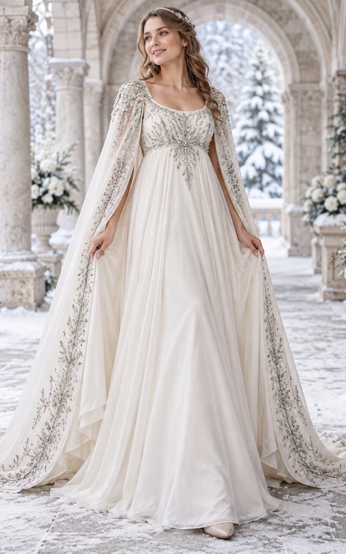 Vestido de novia de invierno con escote redondo, capa plateada bordada con motivos botánicos y caída fluida, corte en A.
