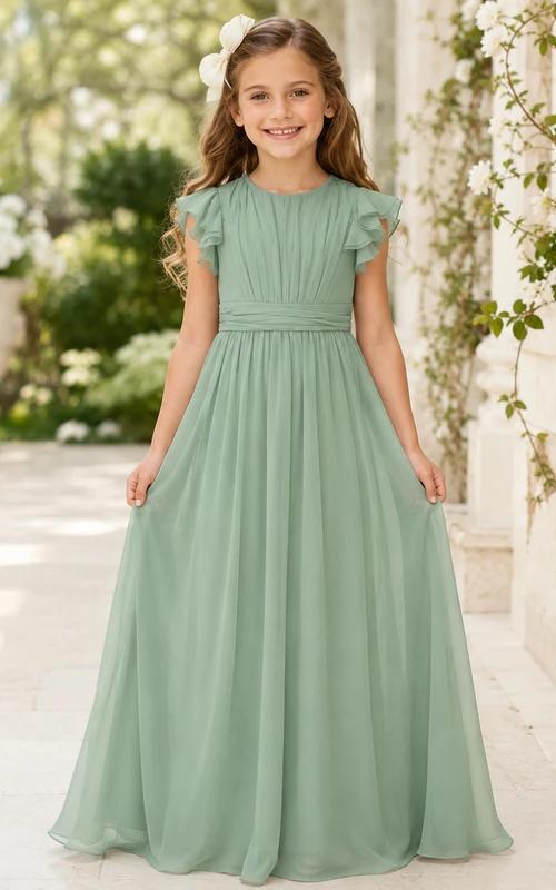 Blumenmädchenkleid aus salbeifarbenem Chiffon, A-Linie, kurze Ärmel, Rundhalsausschnitt, bodenlang