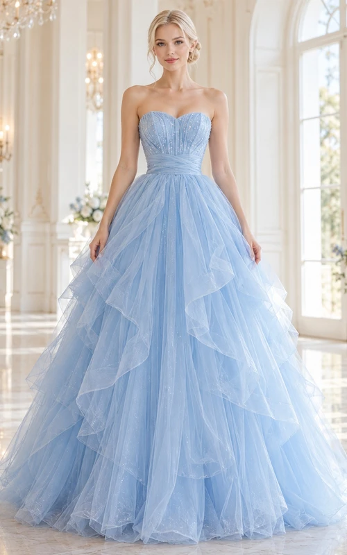 Fairy Sky Blue Strapless Sweetheart Pleated Tiered Tulle Prom Dress
