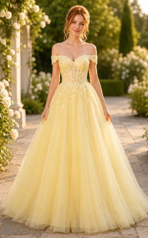 Ballkleid in Narzissengelb, aus Spitze und Tüll, schulterfrei, kurze Ärmel, bodenlang