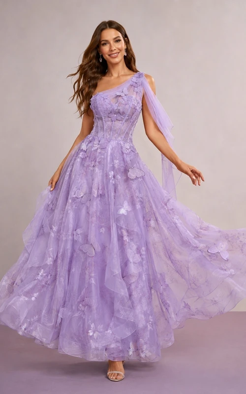 Lavender One-Shoulder Sleeveless Cascading Ruffle Tulle Prom Dress