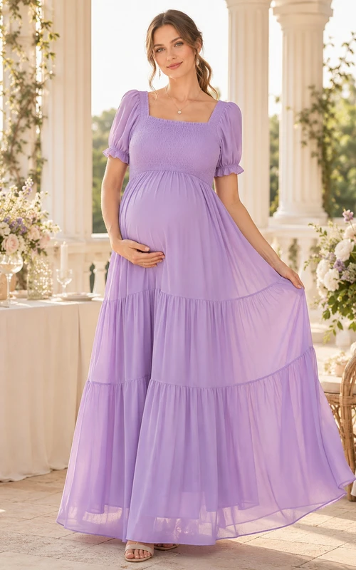 Vestido largo de gasa escalonado de manga abullonada y cuello cuadrado, estilo romántico, para premamá, color lavanda.