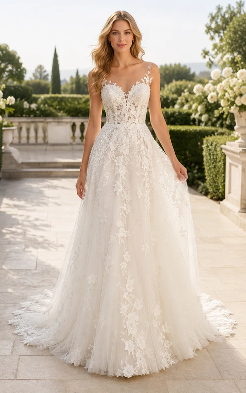 A-Linien-Brautkleid mit Spaghettiträgern, Applikationen und Kapellenschleppe