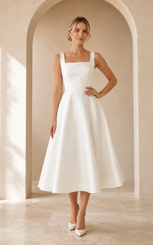 White Satin Square Neck Sleeveless A-Line Tea-length Simple Elegant Romantic Garden Occasion Dress